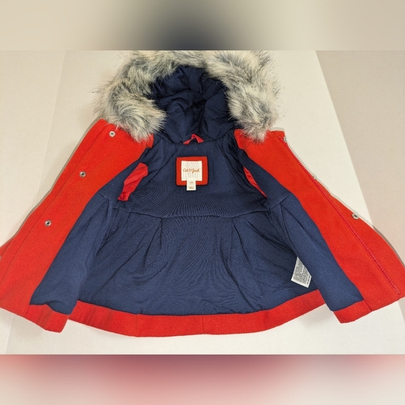 Cat & Jack Girls Red Winter Pea coat with faux fur hood. EUC Size 12M - Picture 6 of 9